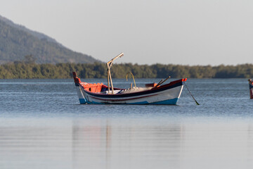 boat anchored in the south bay in florianopolis santa catarina brazil