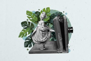 Composite image 3D collage of opulence vintage fashion wig aristocratic dress young lady dance...