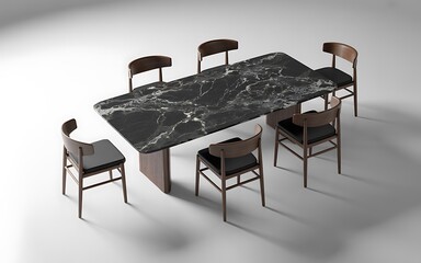 Elegant Modern Rectangular Dining Table with Black Marble Top and Wooden Base Surrounded by Six Upholstered Chairs