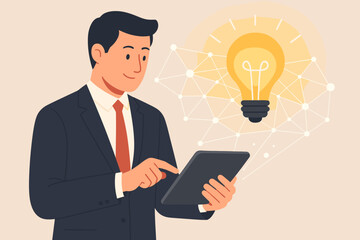 Businessman holds tablet with glowing light bulb. Network connection symbol. Concept of innovation, creative idea, technology, business strategy, inspiration and solution.