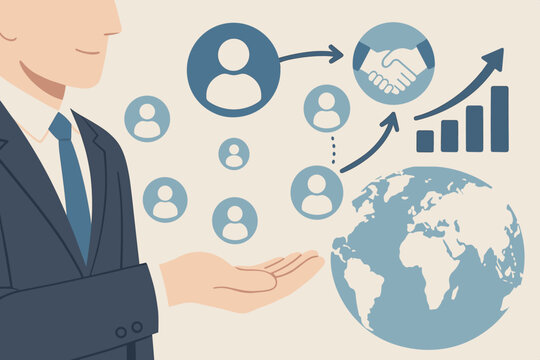 Customer retention and acquisition strategy concept. Businessman with network of clients, partnership handshake, and growth chart for global business expansion and success.