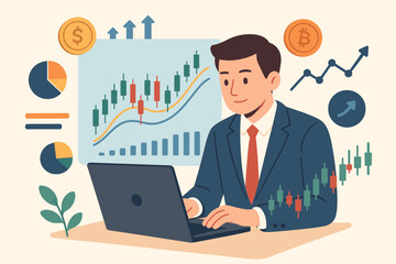 Businessman trading stock market and crypto on laptop. Financial analyst examining data chart for investment growth. Digital assets, banking, funds, and economy concept.
