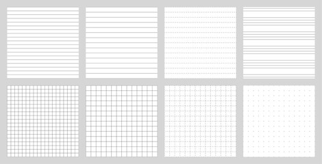 Set of 8 seamless notebook line patterns: narrow, wide, dashed, handwriting lines, small and large grid, dashed grid, dot. Ideal for journals, planners, printables, and school sheets.