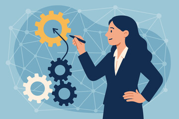 Businesswoman connects gears. Metaphor for teamwork, partnership, and business strategy. Concept for development, success, organization, solution, and planning. Flat vector.