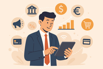 Businessman using tablet for online banking, digital marketing and financial management. Fintech concept with icons for investment growth, currency exchange and e-commerce.