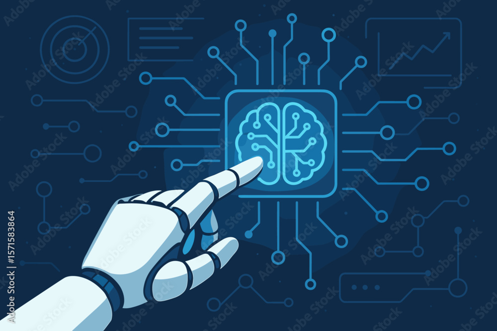 Poster robotic hand touching digital brain interface, artificial intelligence, machine learning, futuristic