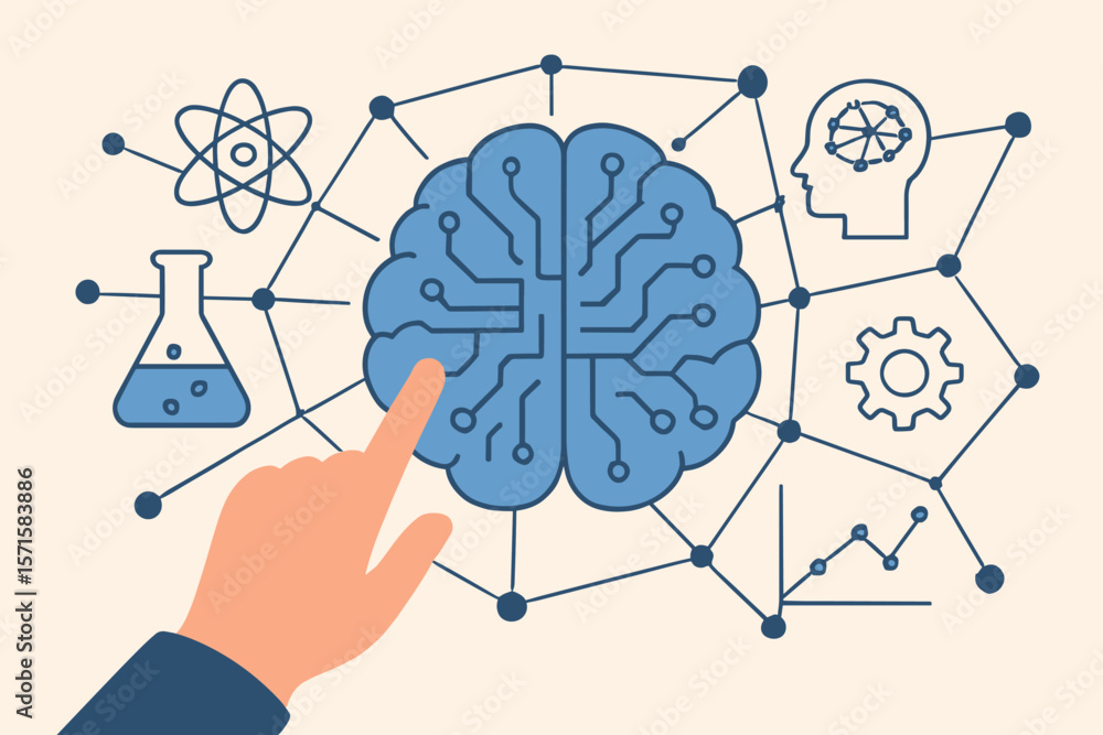 Poster hand touching digital brain data network with science icons, ai, artificial intelligence, machine le