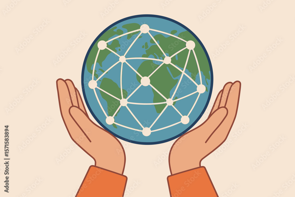 Aufkleber global network connection concept. hands holding planet earth with interconnected nodes. internation