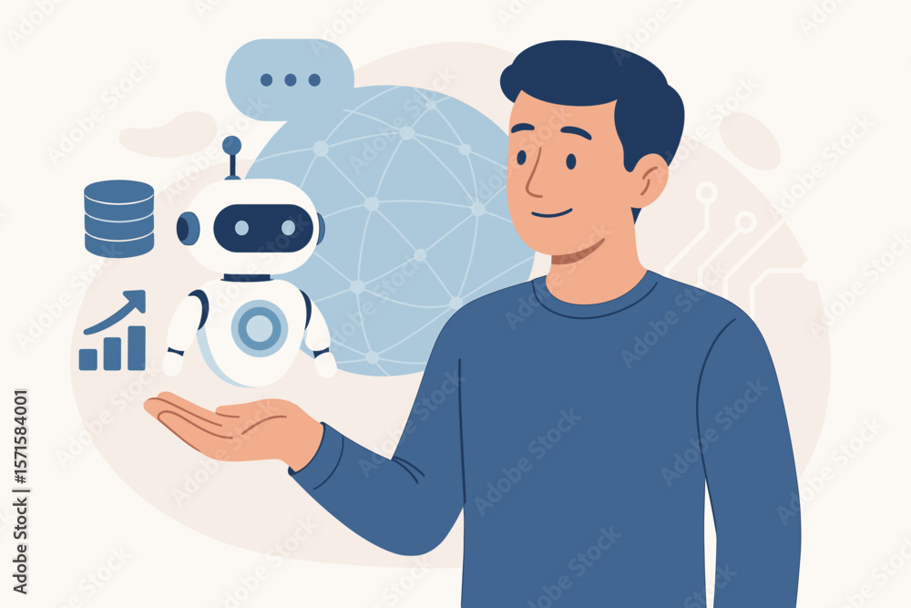 Poster man holding digital ai chatbot, artificial intelligence assistant providing smart data access, commu