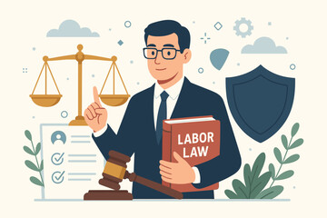 Labor law lawyer holding book, legal advice and defense, justice scale, gavel, compliance checklist, shield, regulation policy, business law, modern flat vector illustration