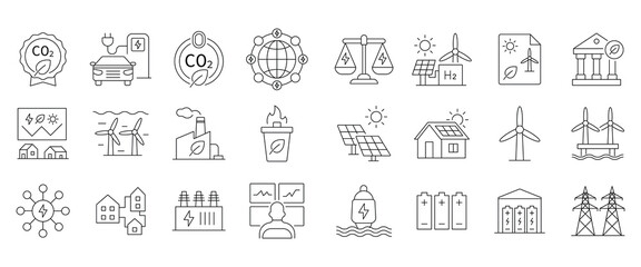 Renewable Energy Icon Set. Renewable energy and low emission sustainable power system line icon set including solar, wind, hydrogen and EV charging. Vector illustration.
