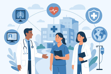 Modern healthcare hub concept with doctors and nurses teamwork, hospital building, global medical insurance, digital health services, medical technology, patient care