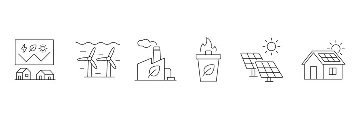 Renewable Energy Icon Set. Renewable energy and low emission sustainable power system line icon set including solar, wind, hydrogen and EV charging. Vector illustration.