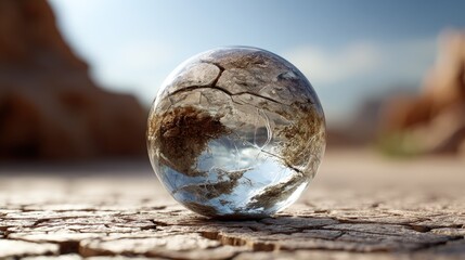 Crystal orb reflecting a cracked, arid landscape.