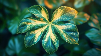 Vibrant, patterned leaf in focus, surrounded by out-of-focus greenery