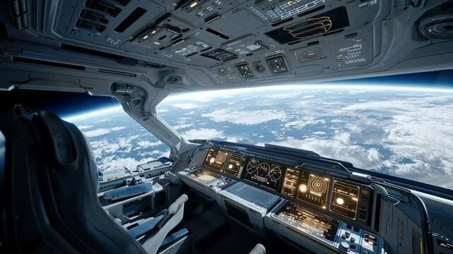 Futuristic spaceship cockpit view of Earth's atmosphere and clouds, symbolizing space travel, technology, and exploration of new frontiers 