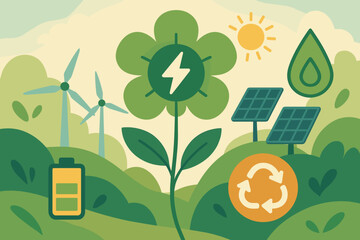 Renewable energy concept for a sustainable future. Ecology illustration with green power icons: solar panels, wind turbines, battery, recycle symbol. Environment conservation.