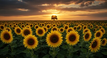 Stunning Sunflower Field at Sunset with a Solitary Tree