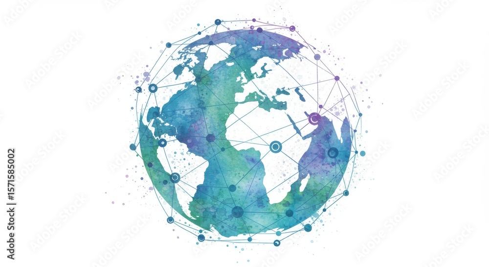 Poster global network connection - watercolor globe with interconnected nodes representing global communica