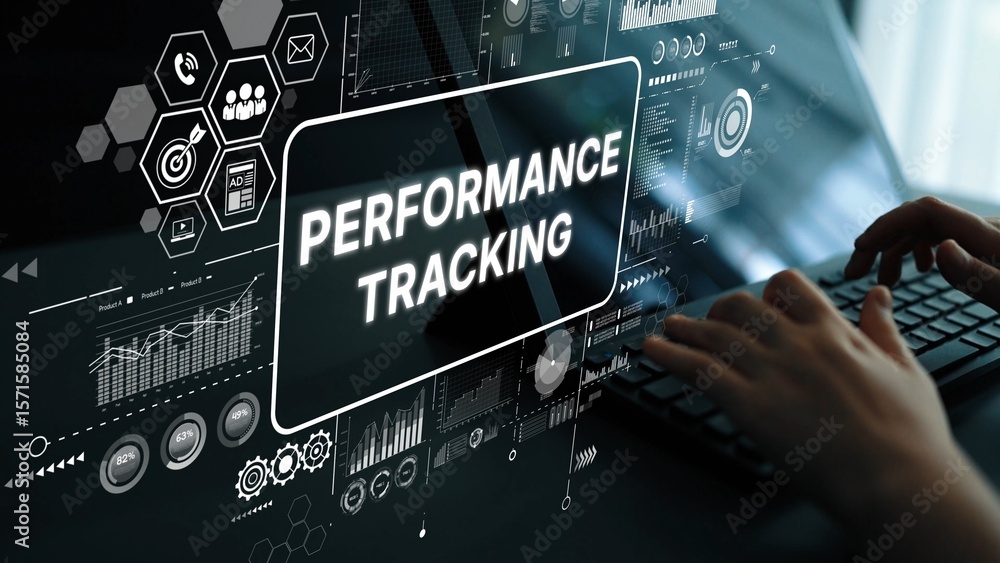 Poster performance tracking dashboard with data analysis and hands on keyboard in modern office setting. as
