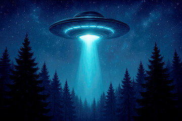 Flying saucer illuminating dark forest with bright blue beam under starry night sky