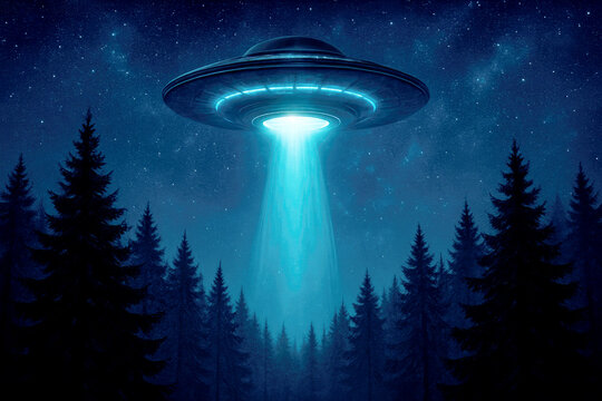 Flying saucer illuminating dark forest with bright blue beam under starry night sky