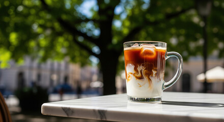 A refreshing glass of iced latte sits on a marble table outdoors, under the shade of lush green trees, with a bustling city scene in the background