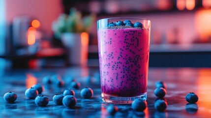 Vibrant purple smoothie topped with blueberries and chia seeds
