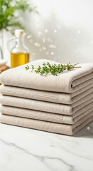 A stack of soft, beige kitchen towels sits on a marble surface, adorned with a sprig of thyme, creating a clean and elegant scene