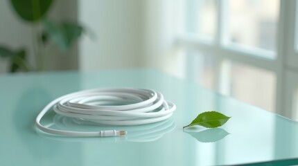 White ethernet cable with leaf — horizontal clean background for eco tech and connectivity themes.