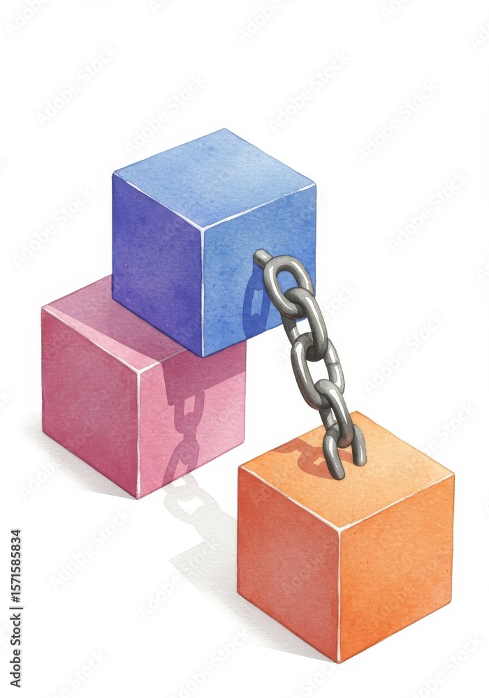 Poster interconnected cubes and chain - abstract illustration of three colorful cubes linked by a chain, sy
