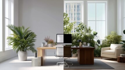 Fototapeta premium Modern office interior design showcasing contrasting styles with plants in a bright, spacious environment
