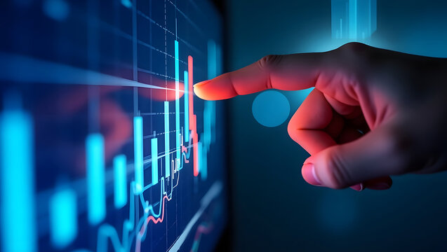 Close up of a finger touching a digital financial stock market graph on a screen