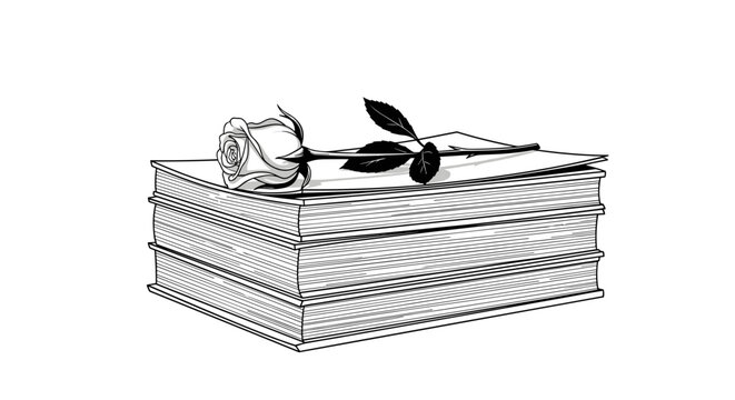 Stack of books with rose hand-drawn black and white illustration