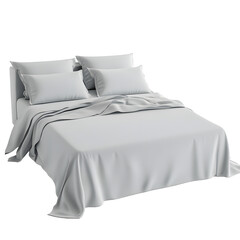 A realistic 3d render of a white bed with pillows and a draped sheet isolated on transparent background