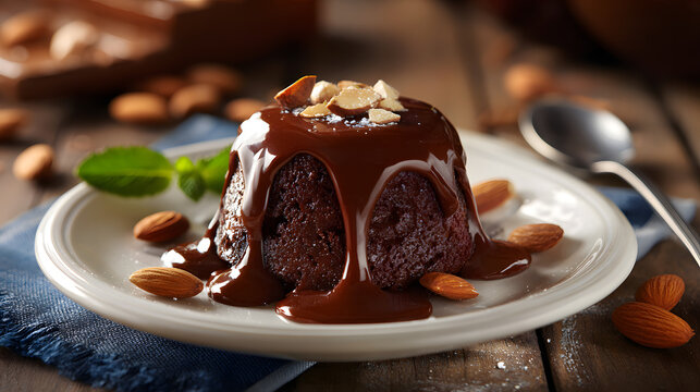 National Chocolate Pudding Day, a plate of chocolate pudding with melted chocolate sauce and roasted almonds on the side. In the kitchen background, looks delicious.
