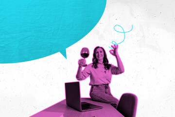 3d pop image sketch art collage of happy old businesswoman hold wine glass stand office laptop...