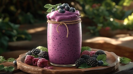 Vibrant purple smoothie topped with blueberries and mint leaves, surrounded by fresh berries