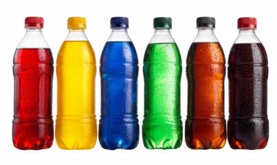 Vibrant collection of colorful soda drinks, featuring refreshing beverages in plastic bottles against a sleek black backdrop, perfect for thirst-quenching concepts.