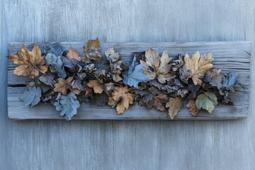 Dried autumn leaves arranged on weathered gray wood, creating a rustic fall decoration.