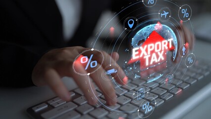 Global Export Tax Concept with Red Arrow on Keyboard Showing Economic Impact of Tariffs and Taxes...