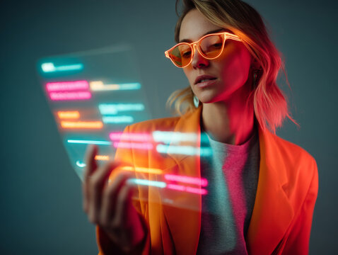 Woman with neon glasses analyzing holographic data screen in futuristic workplace environment