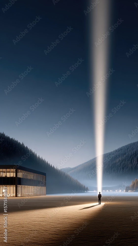 Poster a man stands in an empty field at night, illuminating the grass with a flashlight while shadows stre