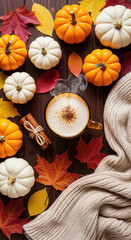 A steaming pumpkin spice latte sits amidst autumn leaves and pumpkins on a rustic wooden table, a cozy scene perfect for fall