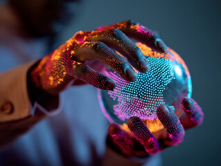 Close-up of digital hands manipulating a glowing globe with neon data points in a futuristic environment