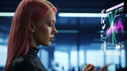 Woman interacts with holographic data interface displaying charts, graphs. Digital technology visualization, futuristic business analytics dashboard. Virtual reality financial monitoring system. - Powered by Adobe