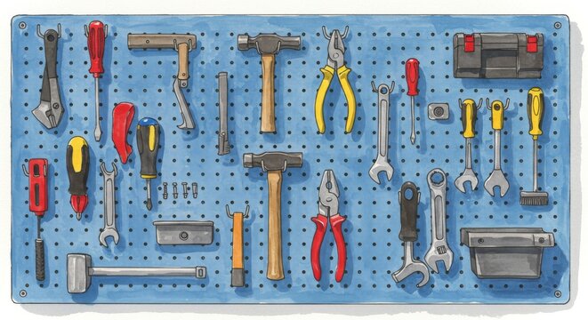 Organized Tool Pegboard: A Handyman's Dream - A well-organized pegboard showcasing various hand tools, symbolizing craftsmanship, efficiency, organization, DIY projects, and home repair