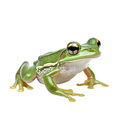 Obraz premium Detailed close up of a vibrant green tree frog with large golden eyes and yellow feet isolated on transparent background