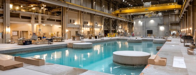 Bright blue glow from a nuclear reactor core illuminates a sleek laboratory filled with circular tanks and glowing vials