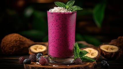 Vibrant purple smoothie topped with coconut and mint
